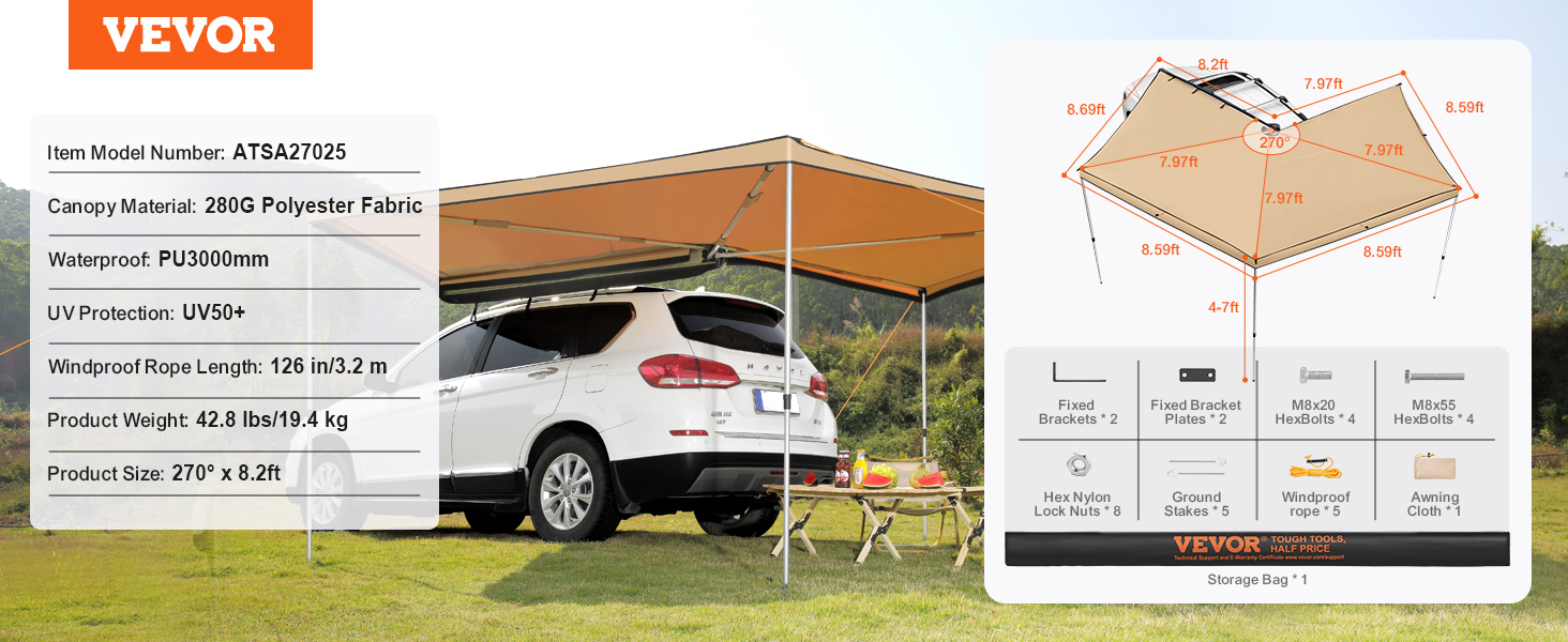VEVOR vehicle awning setup with a white suv in an outdoor setting, showcasing awning dimensions and features.