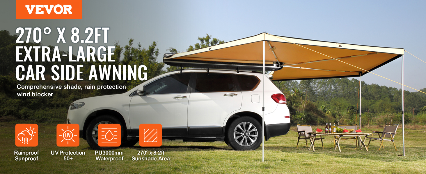 VEVOR vehicle awning providing shade for suv, picnic setup, and chairs in a grassy outdoor area.