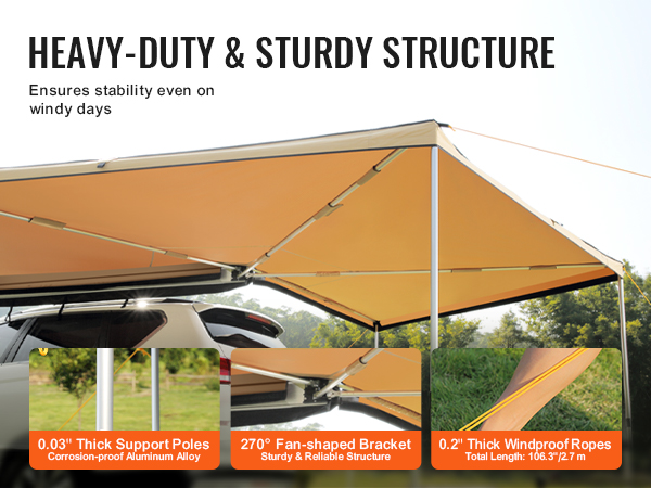 VEVOR vehicle awning showcasing heavy-duty structure with thick support poles, sturdy bracket, and windproof ropes.