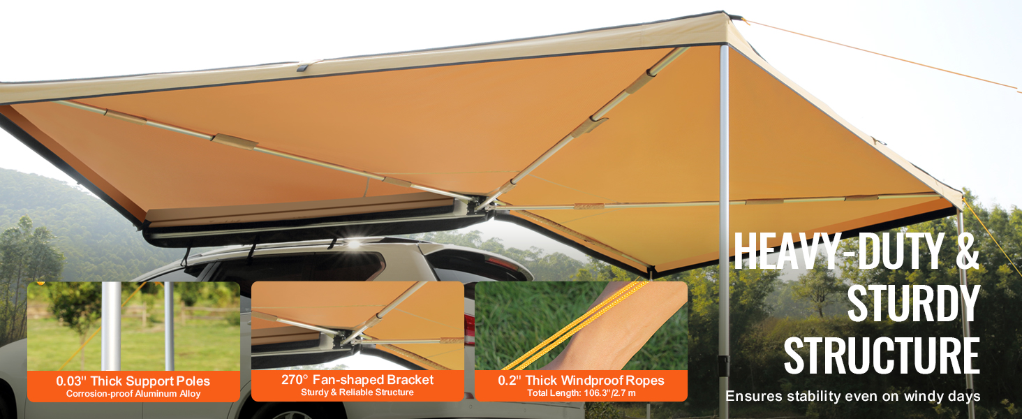 VEVOR vehicle awning showcasing heavy-duty structure with thick support poles, sturdy bracket, and windproof ropes.
