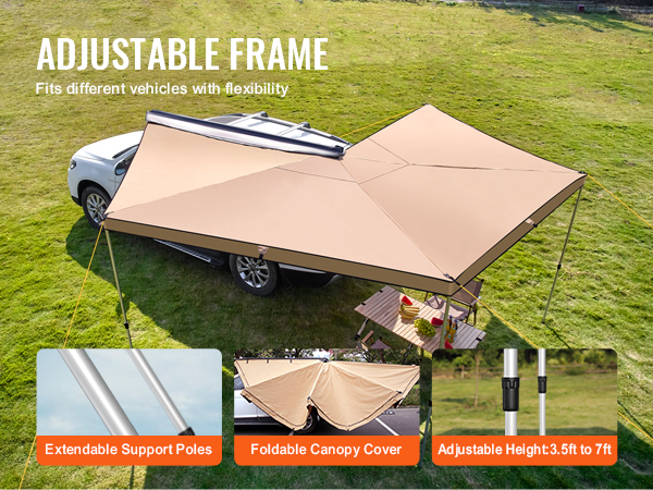 adjustable-frame VEVOR vehicle awning with extendable poles, foldable canopy cover, and adjustable height.