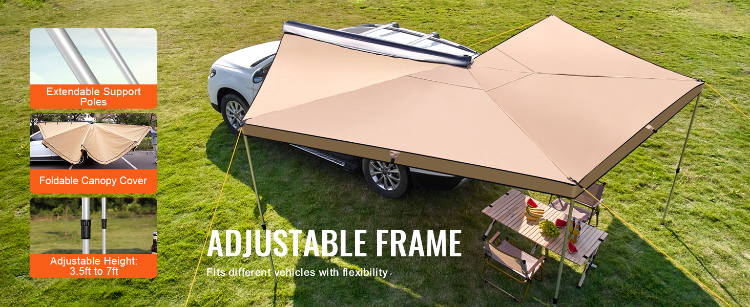 adjustable-frame VEVOR vehicle awning with extendable poles, foldable canopy cover, and adjustable height.