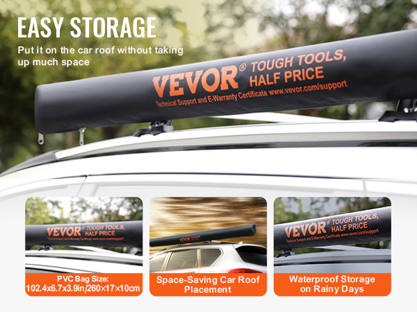 VEVOR vehicle awning mounted on car roof, easy storage, waterproof, and space-saving.