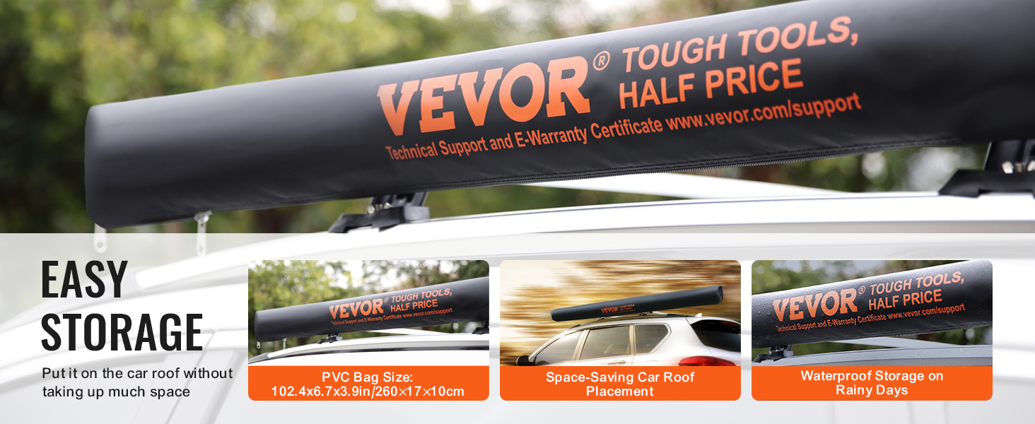 VEVOR vehicle awning mounted on car roof, easy storage, waterproof, and space-saving.