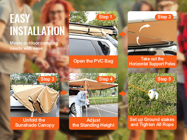 easy installation of VEVOR vehicle awning: open pvc bag, set support poles, unfold canopy, adjust height, stake.