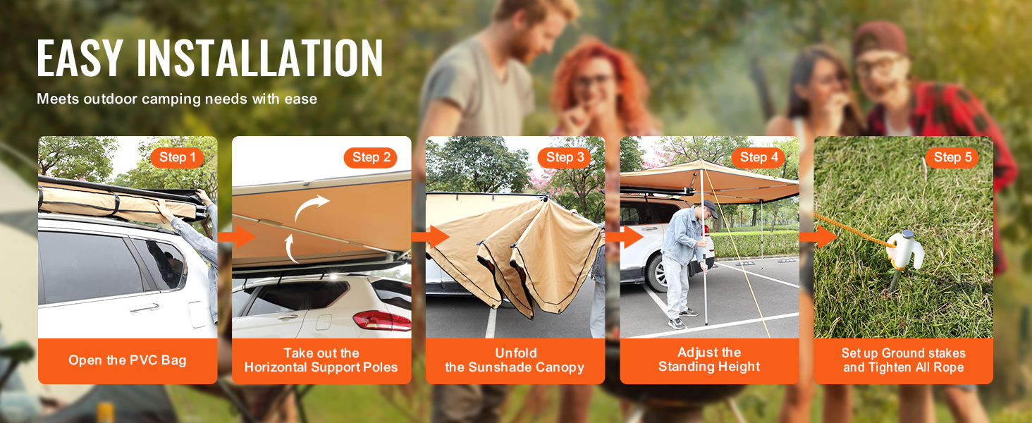 easy installation of VEVOR vehicle awning: open pvc bag, set support poles, unfold canopy, adjust height, stake.