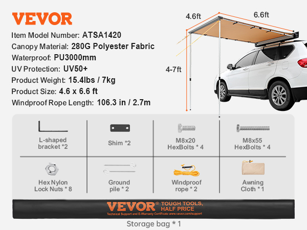 VEVOR car side awning, polyester fabric, uv50+, waterproof, set up with white suv and outdoor furniture.