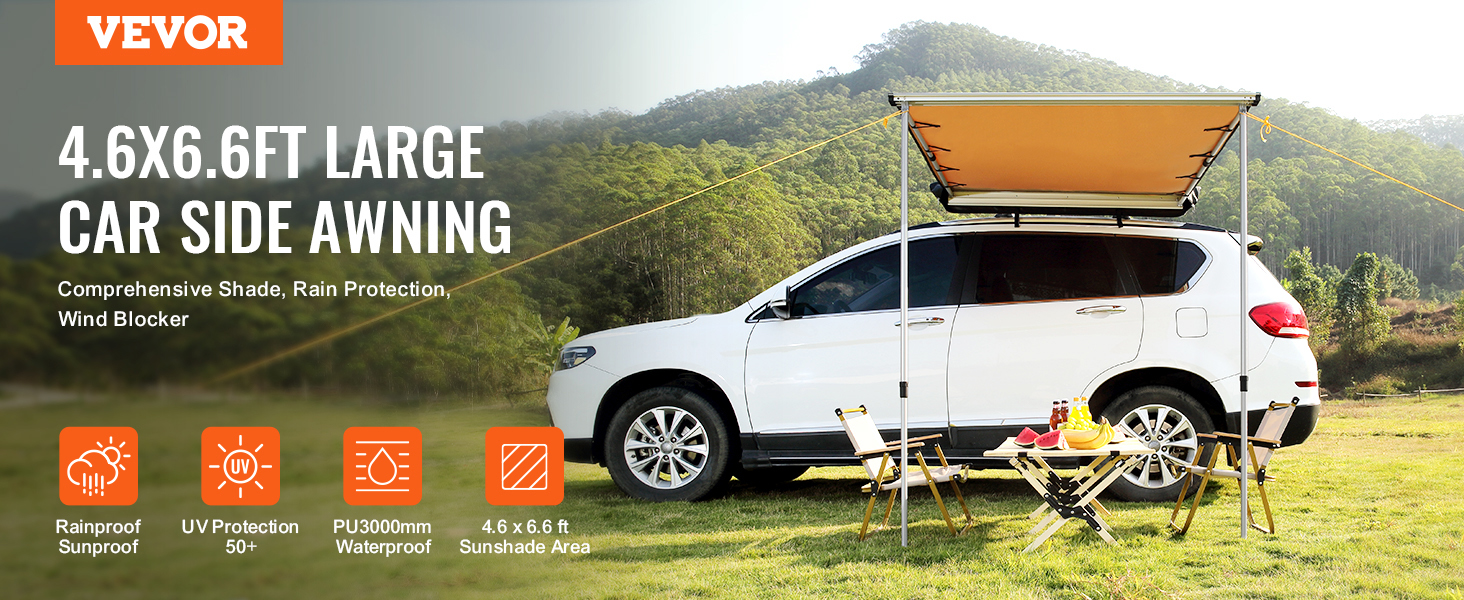 VEVOR car side awning set up on a white suv, providing extensive shade in a green scenic outdoors.
