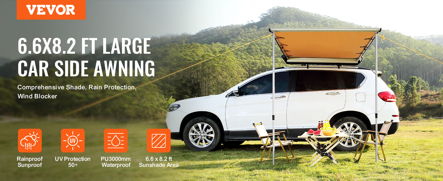 VEVOR car side awning attached to a white suv, providing shade over a grassy field with a picnic setup.