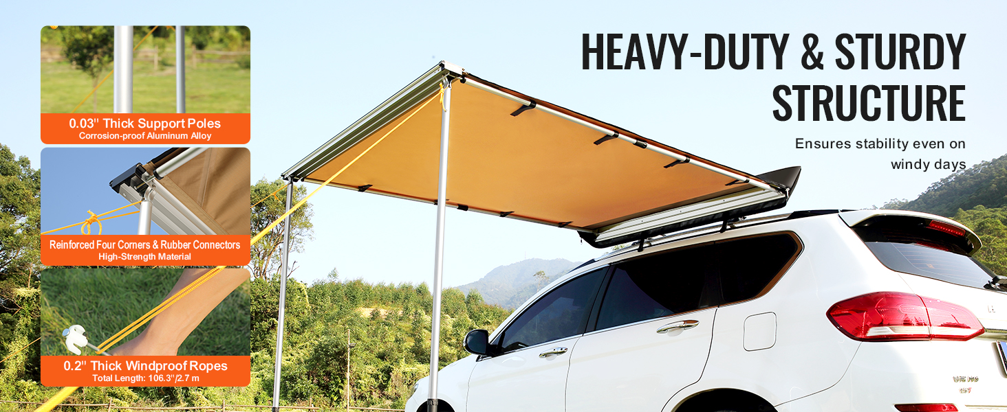 heavy-duty VEVOR car side awning with thick support poles, reinforced corners, and windproof ropes.