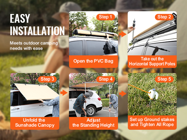 VEVOR car side awning installation steps - open pvc bag, take support poles, unfold canopy, adjust height, set stakes.