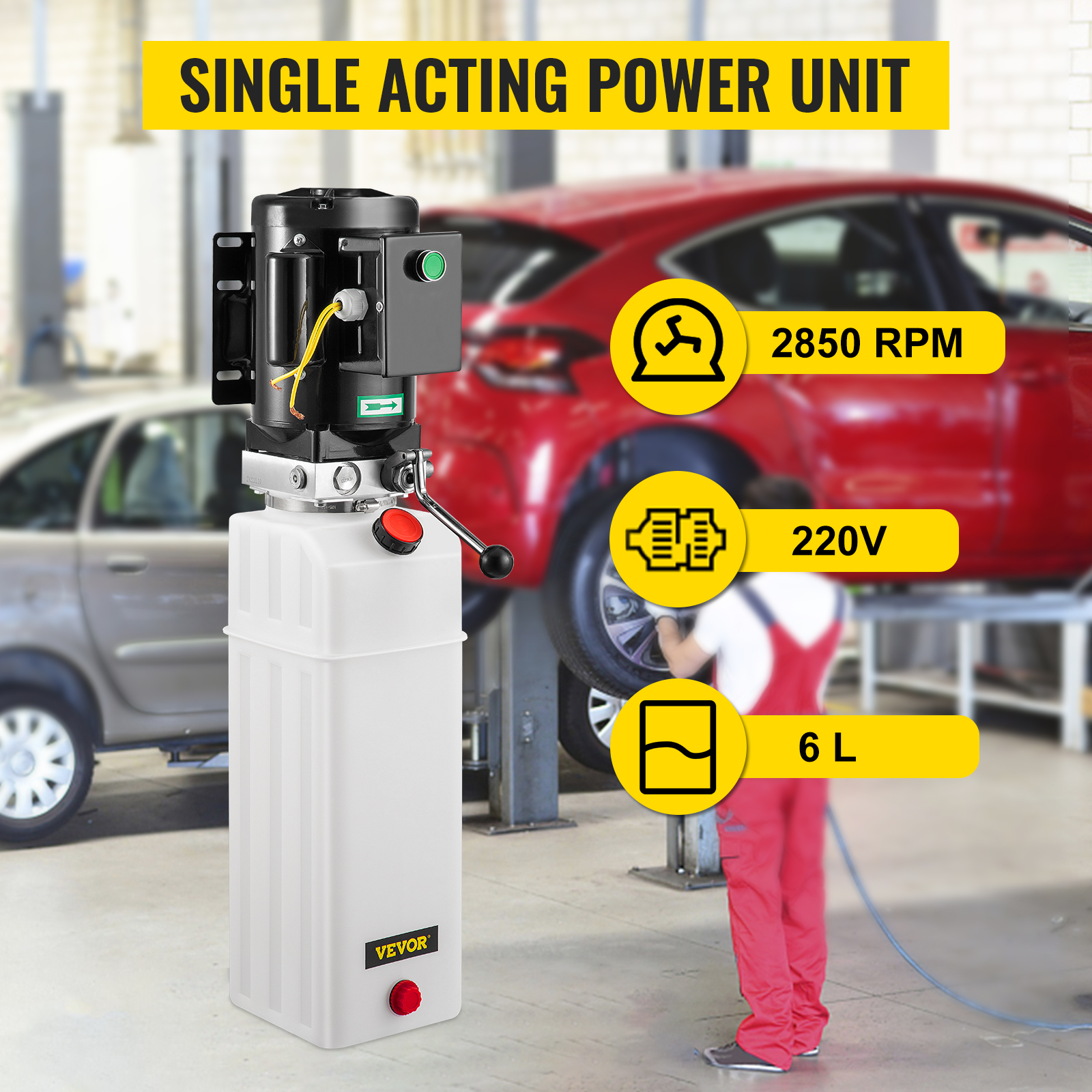 VEVOR hydraulic pump car lift with single acting power unit in an auto repair shop.