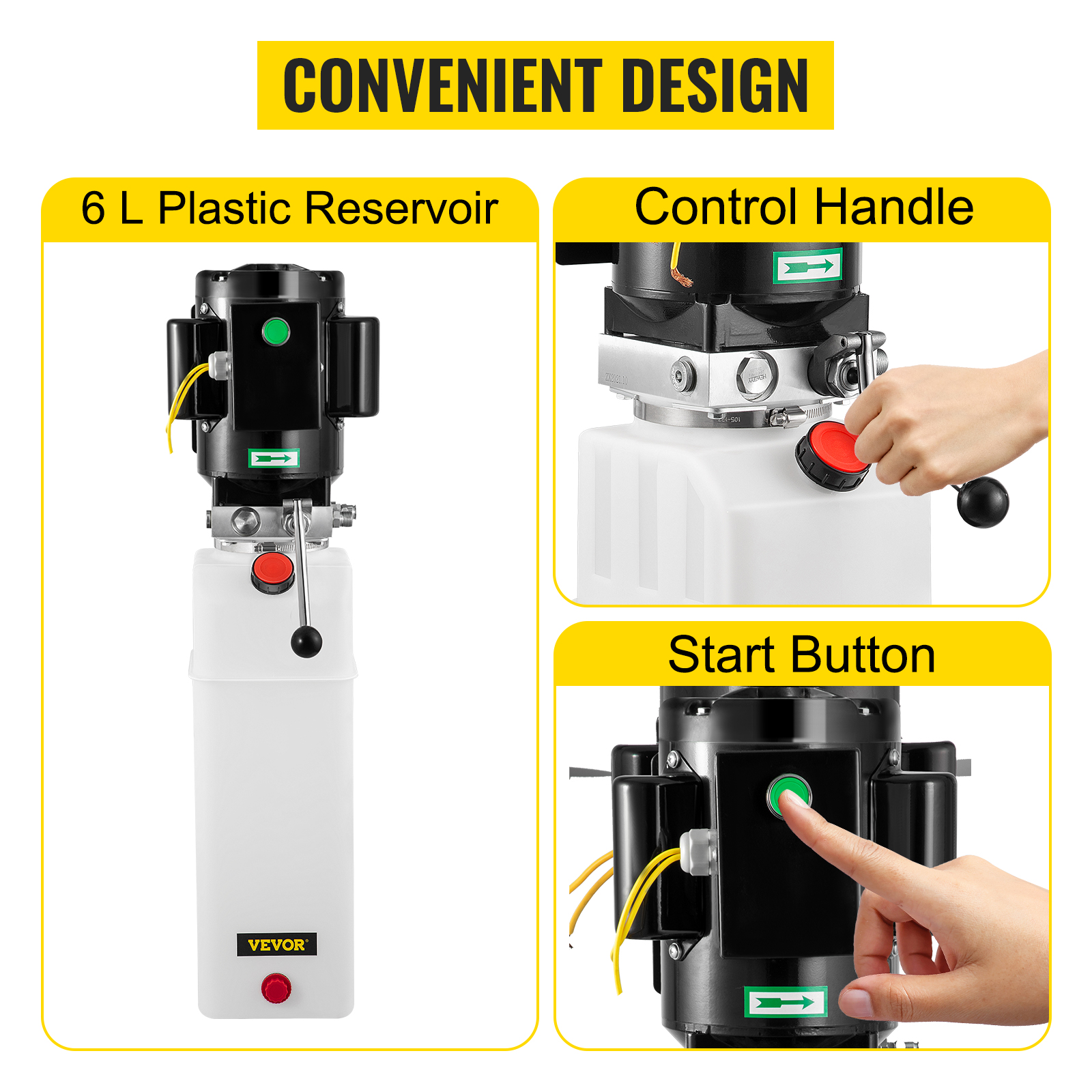 VEVOR hydraulic pump car lift details: 6l reservoir, control handle, start button.