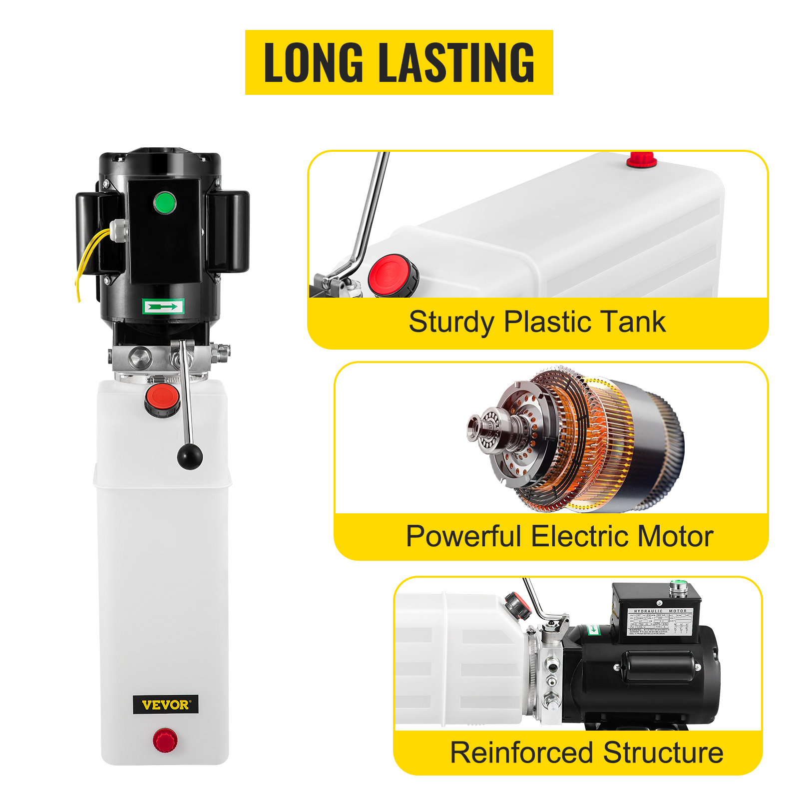 VEVOR hydraulic pump car lift with sturdy plastic tank, powerful electric motor, and reinforced structure.