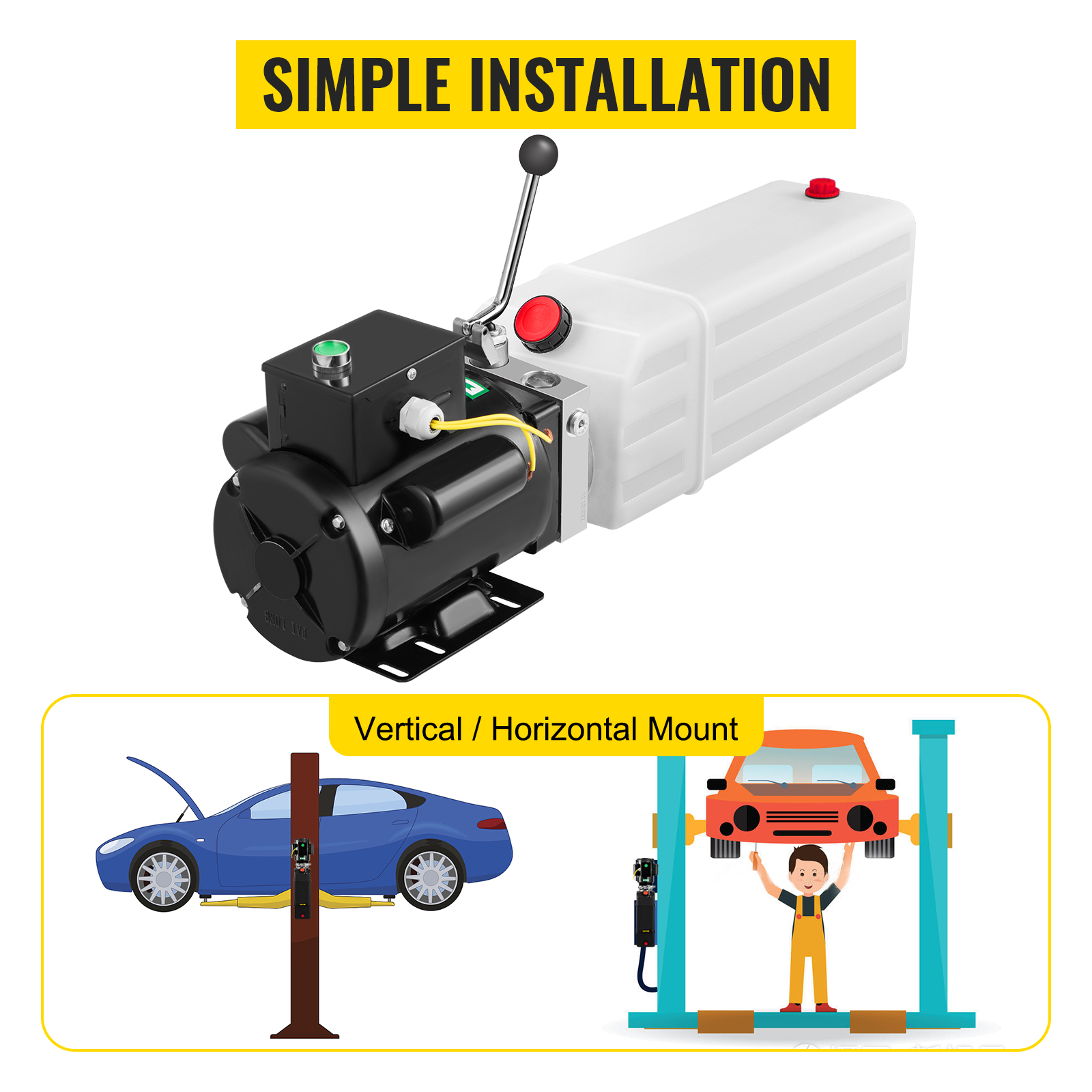 VEVOR hydraulic pump car lift with simple installation, vertical or horizontal mount options.
