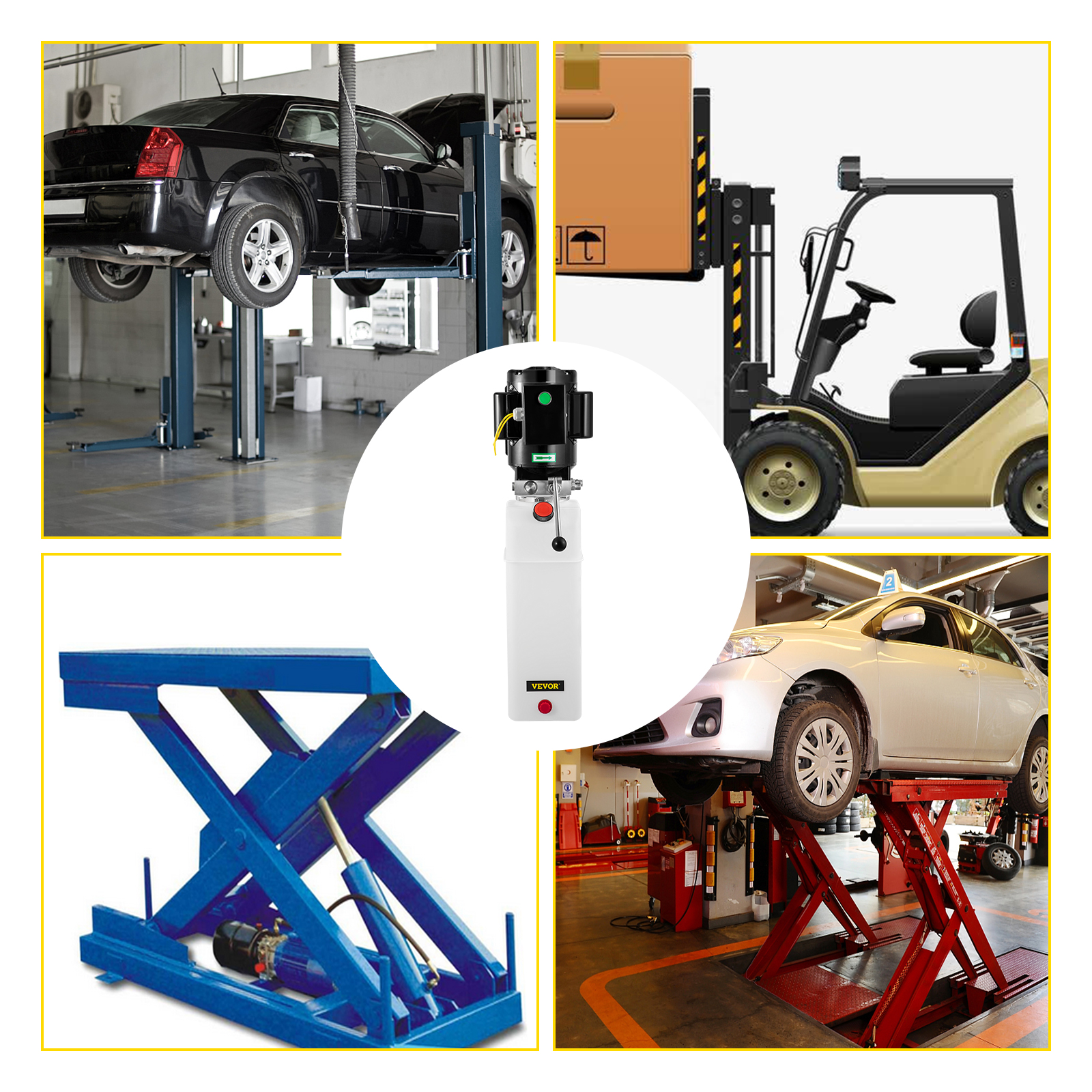 VEVOR hydraulic pump car lift showcasing various car and equipment lifting applications.