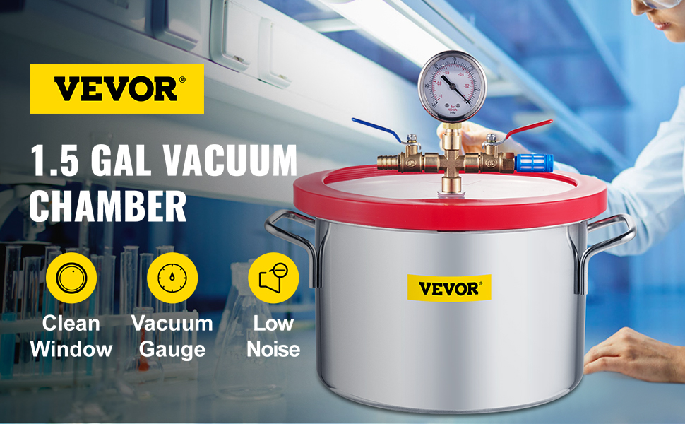 VEVOR vacuum chamber 1.5 gal, clean window, vacuum gauge, low noise in a lab setting.