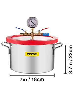 VEVOR vacuum chamber with handles, pressure gauge, 7in/18cm diameter, 8.7in/22cm height.