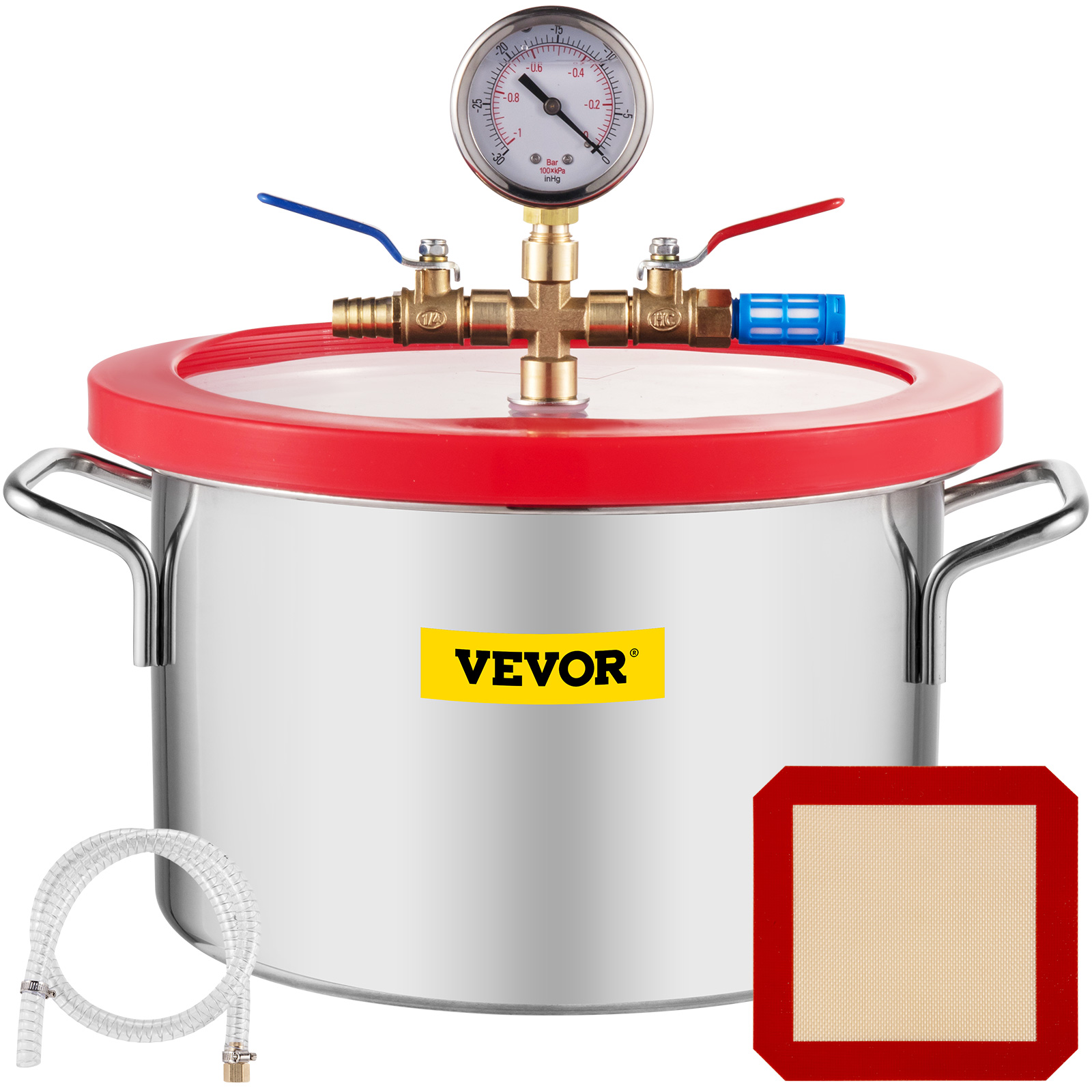 VEVOR vacuum chamber with a stainless steel pot, pressure gauge, hose, and mesh.