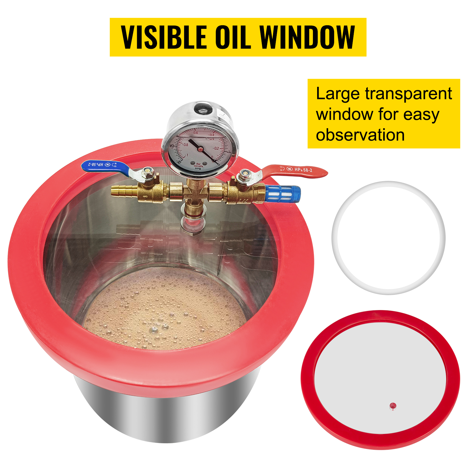 VEVOR vacuum chamber with large transparent oil window and pressure gauge.