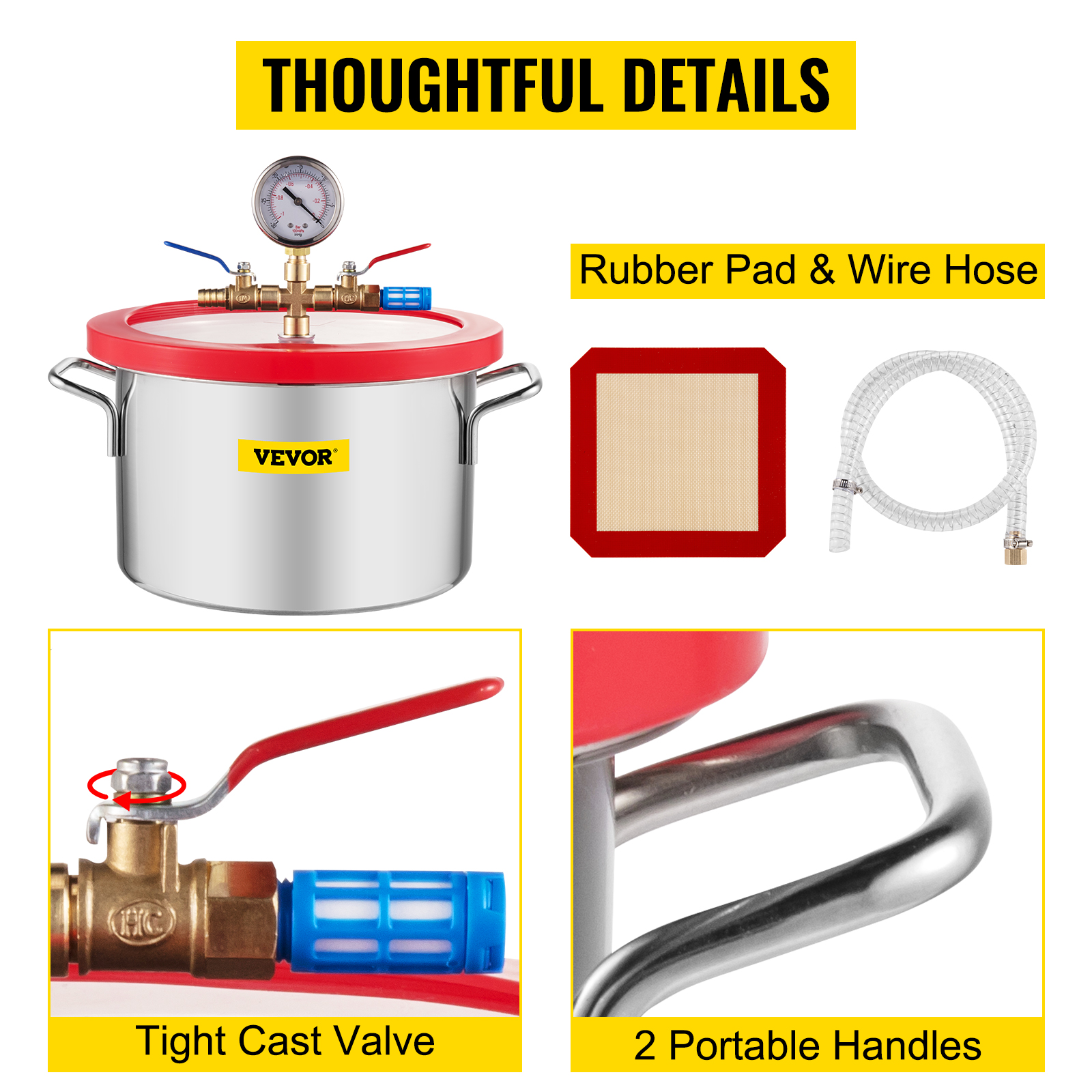 VEVOR vacuum chamber with gauge, rubber pad, wire hose, cast valve, and portable handles