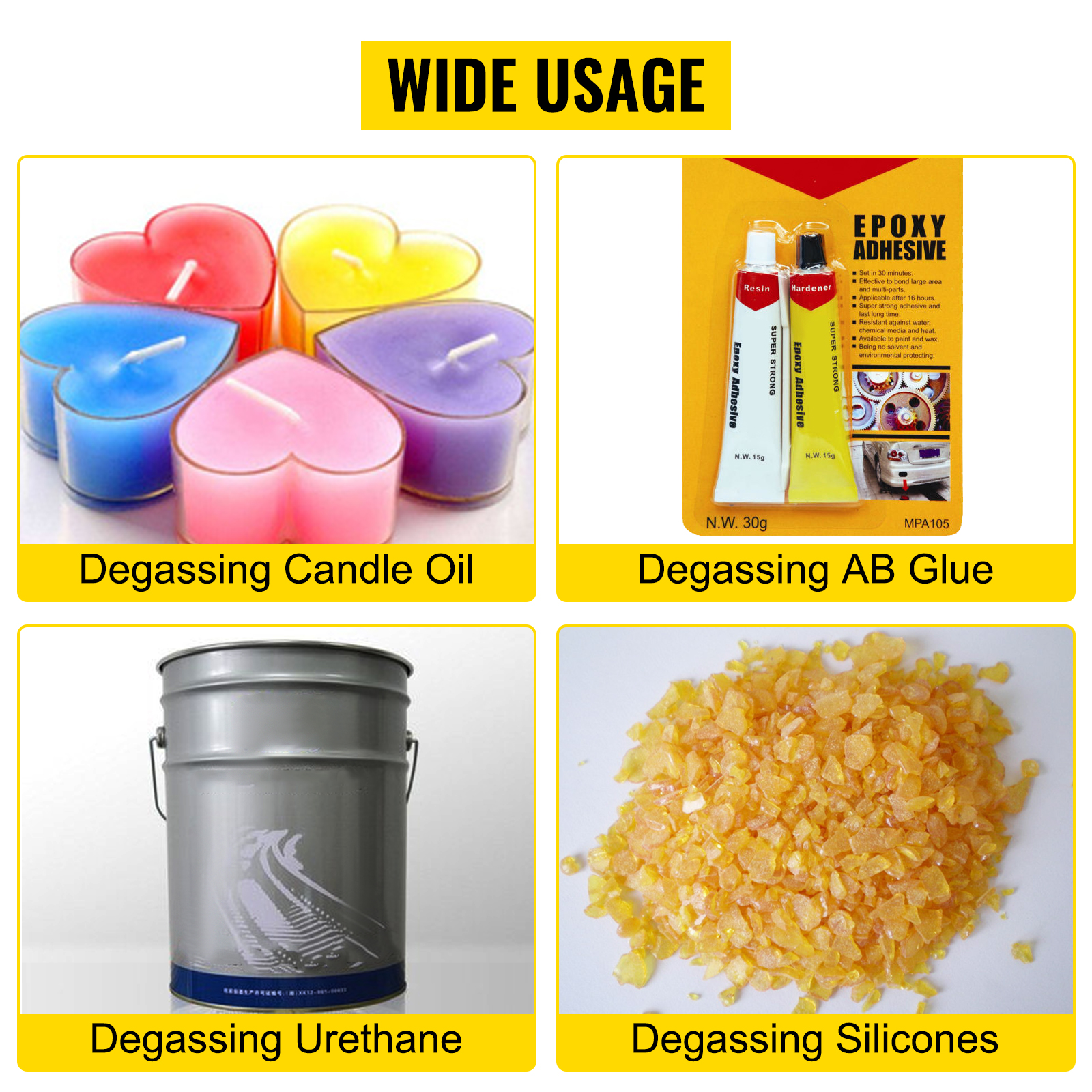 wide usage examples for VEVOR vacuum chamber: degassing candle oil, ab glue, urethane, and silicones.