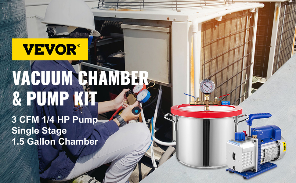 VEVOR vacuum degassing chamber kit displayed with 3 cfm pump, 1.5-gallon chamber.