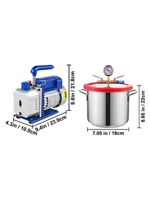 VEVOR vacuum degassing chamber kit showing pump and chamber with dimensions.