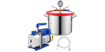 VEVOR vacuum degassing chamber kit with pump, stainless steel chamber, and pressure gauge.