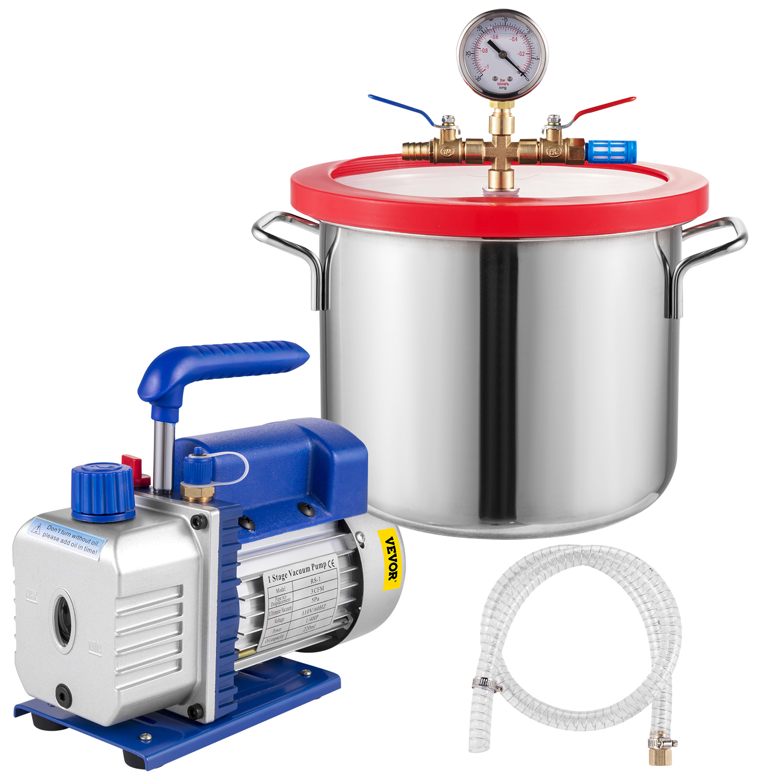 VEVOR vacuum degassing chamber kit with stainless steel chamber, pump, and hose set.