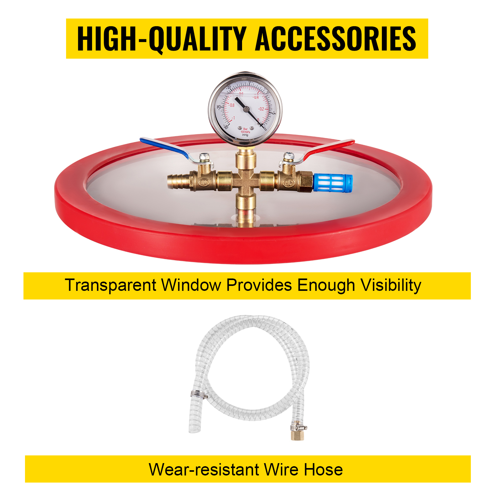 VEVOR vacuum degassing chamber kit with transparent window and wear-resistant wire hose.