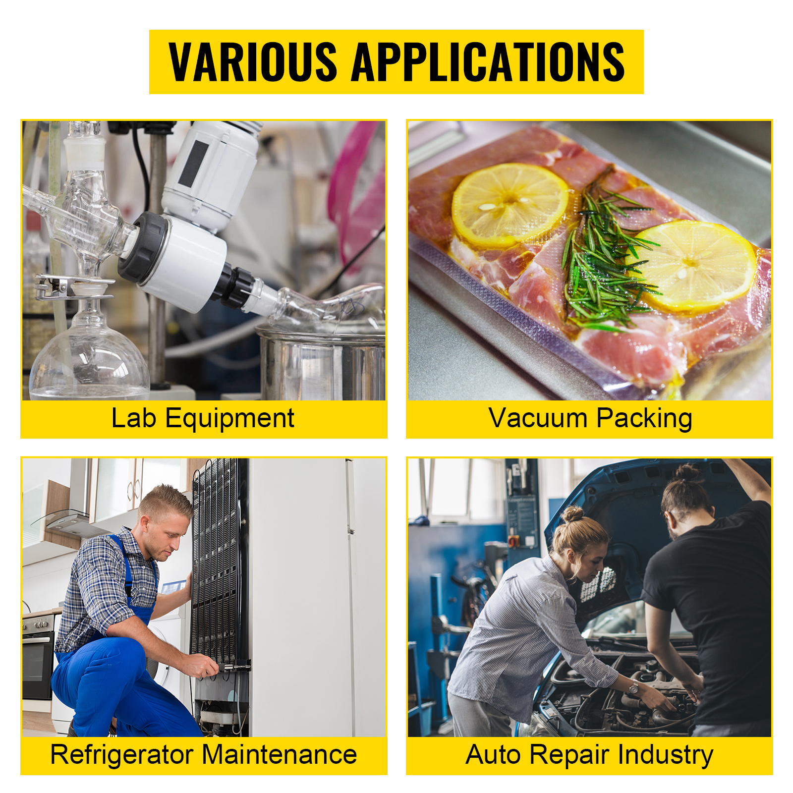 various applications of VEVOR vacuum degassing chamber kit: lab equipment, vacuum packing, refrigerator maintenance, auto repair industry.