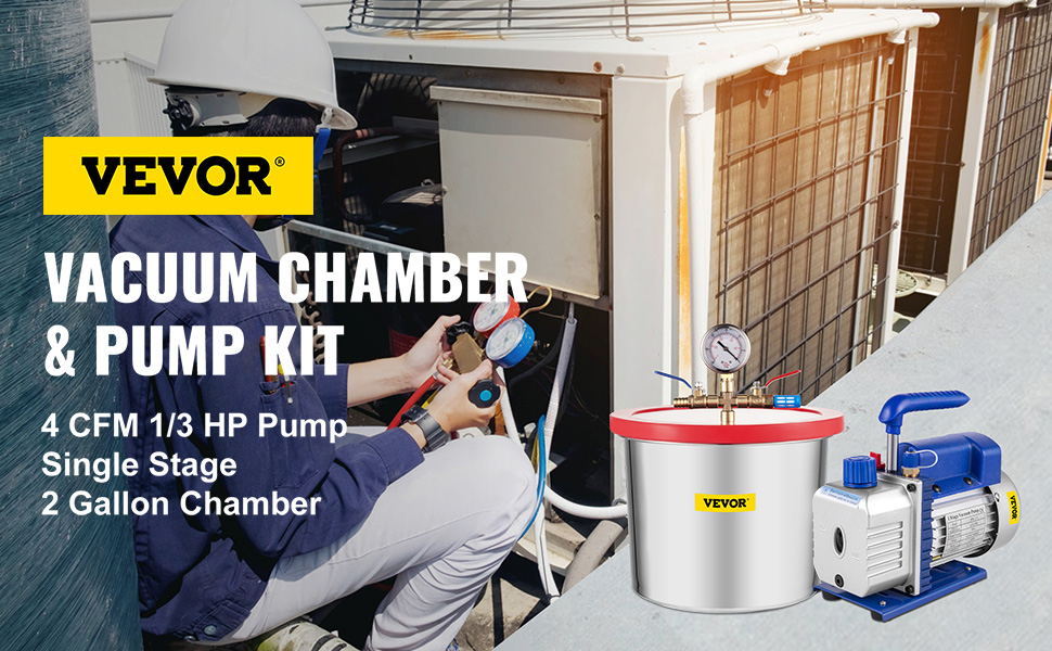 VEVOR vacuum pump and chamber kit for hvac with 4 cfm 1/3 hp single stage pump.
