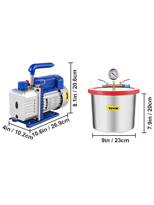 VEVOR vacuum pump with chamber, precise dimensions indicated for both components.