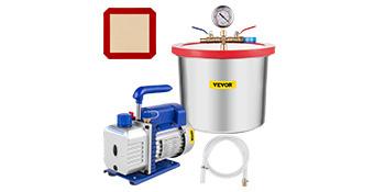 VEVOR vacuum pump with stainless steel container, gauge, and accessories.