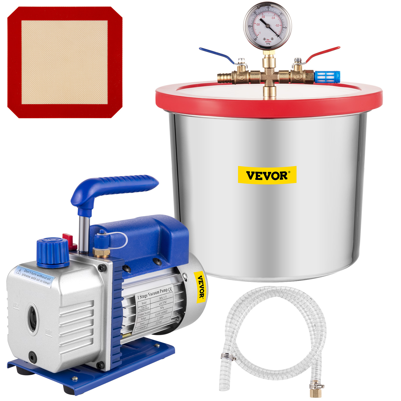 VEVOR vacuum pump with gauge, stainless steel container, hose, and red silicon mat.