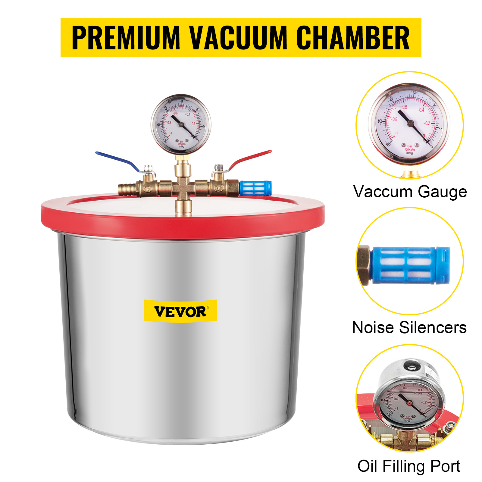 VEVOR vacuum pump with vacuum gauge, noise silencers, and oil filling port.