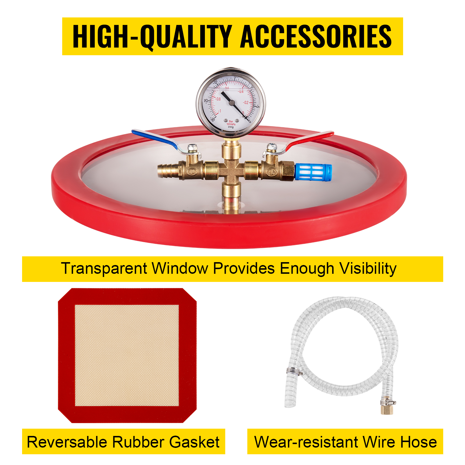 VEVOR vacuum pump accessories: transparent window, rubber gasket, wire hose.