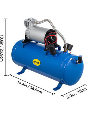 blue VEVOR 12v train horn air compressor with dimensions labeled.