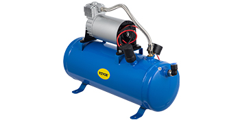 VEVOR 12v train horn air compressor, blue tank with a silver motor and red wiring.