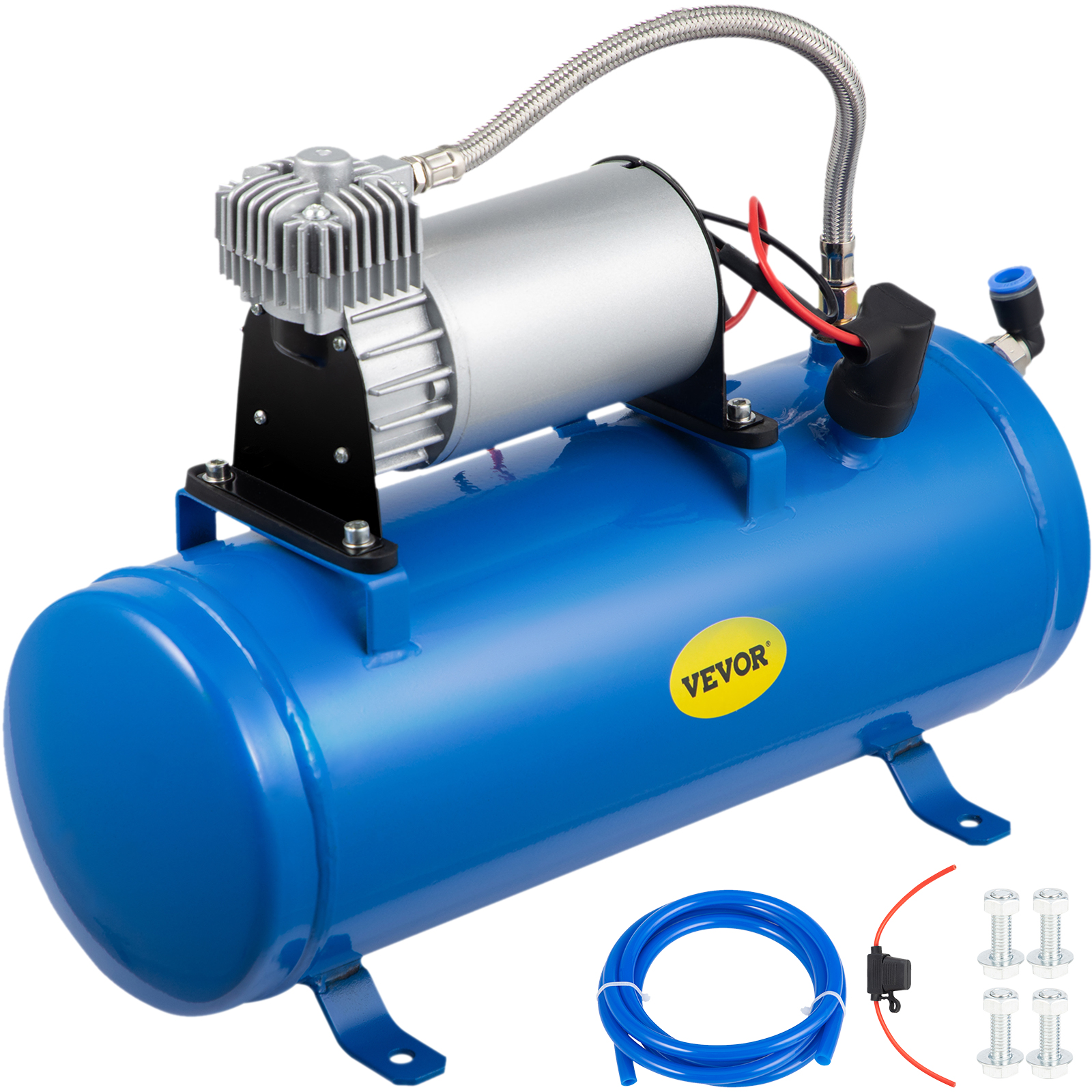 VEVOR 12v train horn air compressor system with blue tank, hose, and mounting screws.