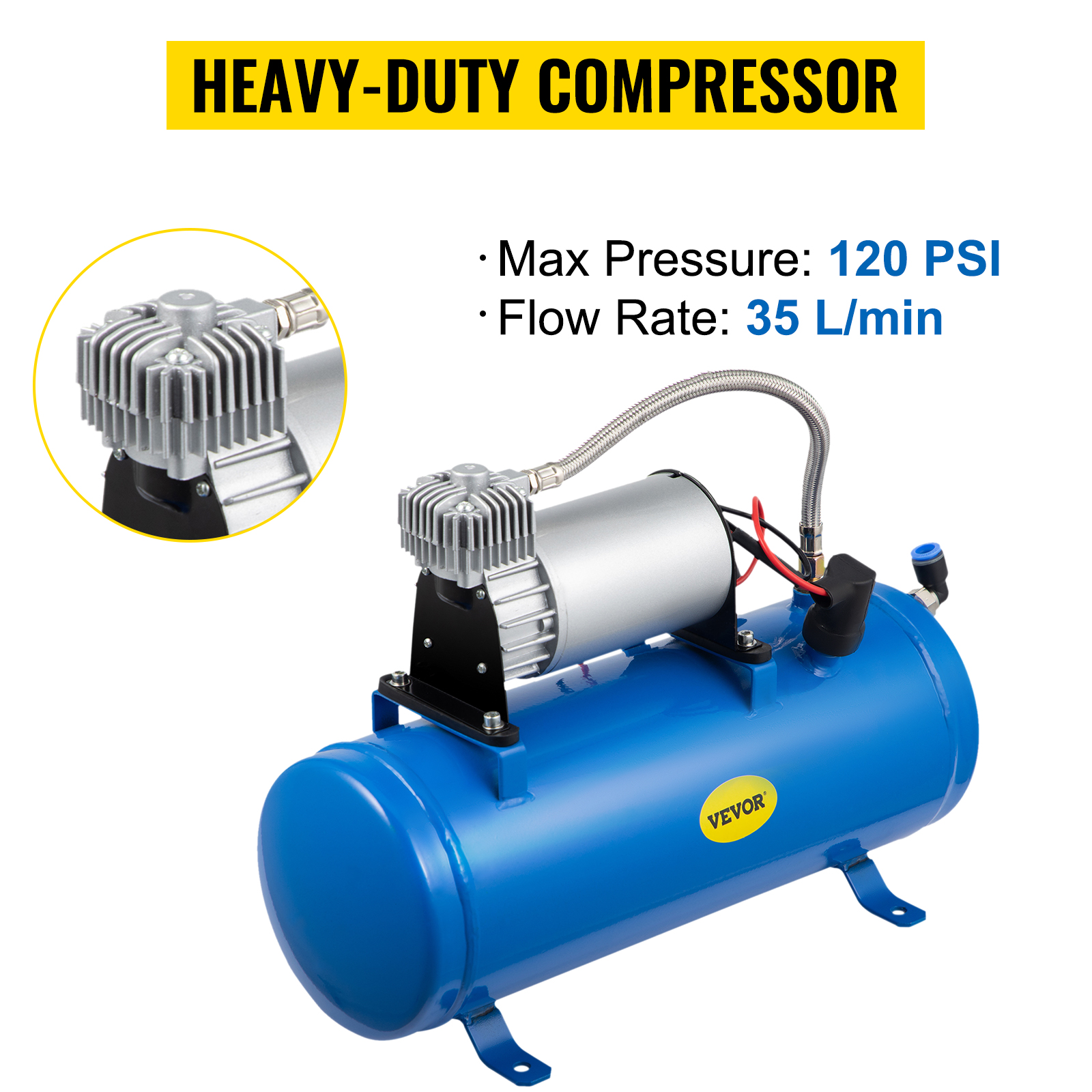 VEVOR 12v train horn air compressor, 120 psi, 35 l/min, heavy-duty blue tank.
