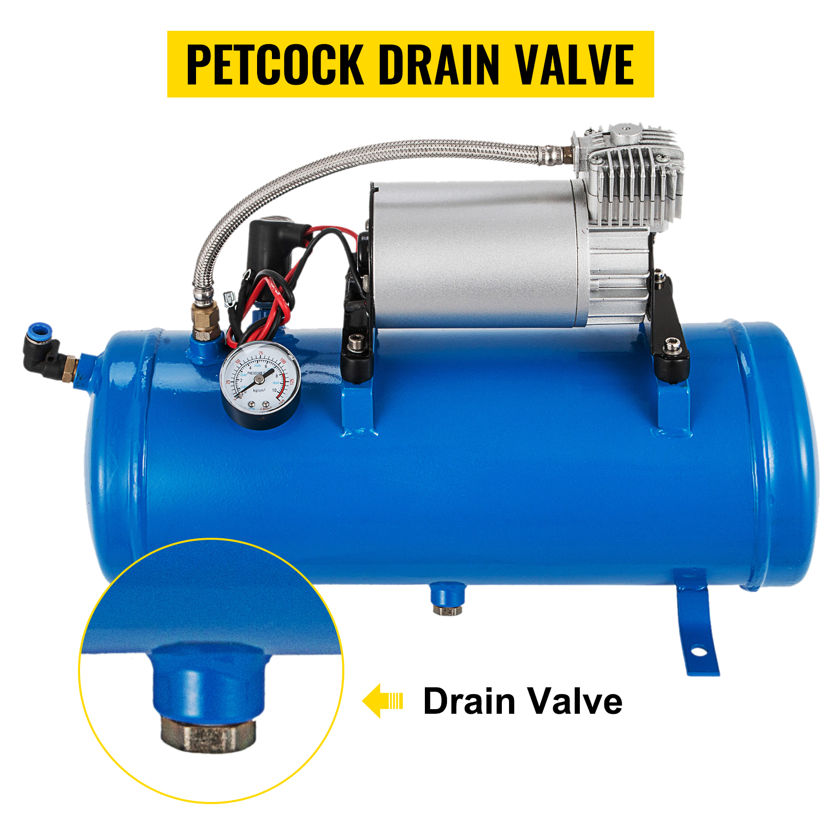 VEVOR 12v train horn air compressor with petcock drain valve and pressure gauge.