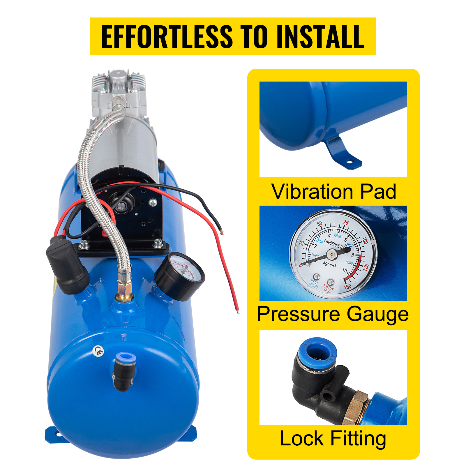 VEVOR 12v train horn air compressor featuring pressure gauge, vibration pad, and lock fitting.