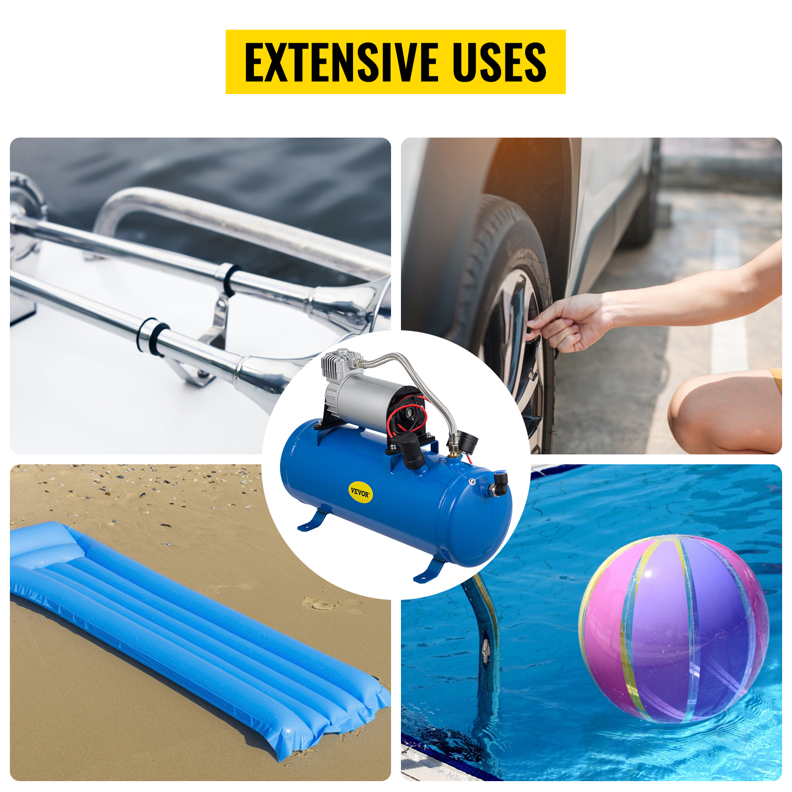 VEVOR 12v train horn air compressor with applications for tires, water toys, and beach mats.