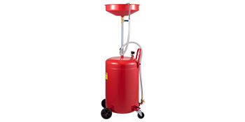 red VEVOR waste oil drain tank with wheels and adjustable funnel.