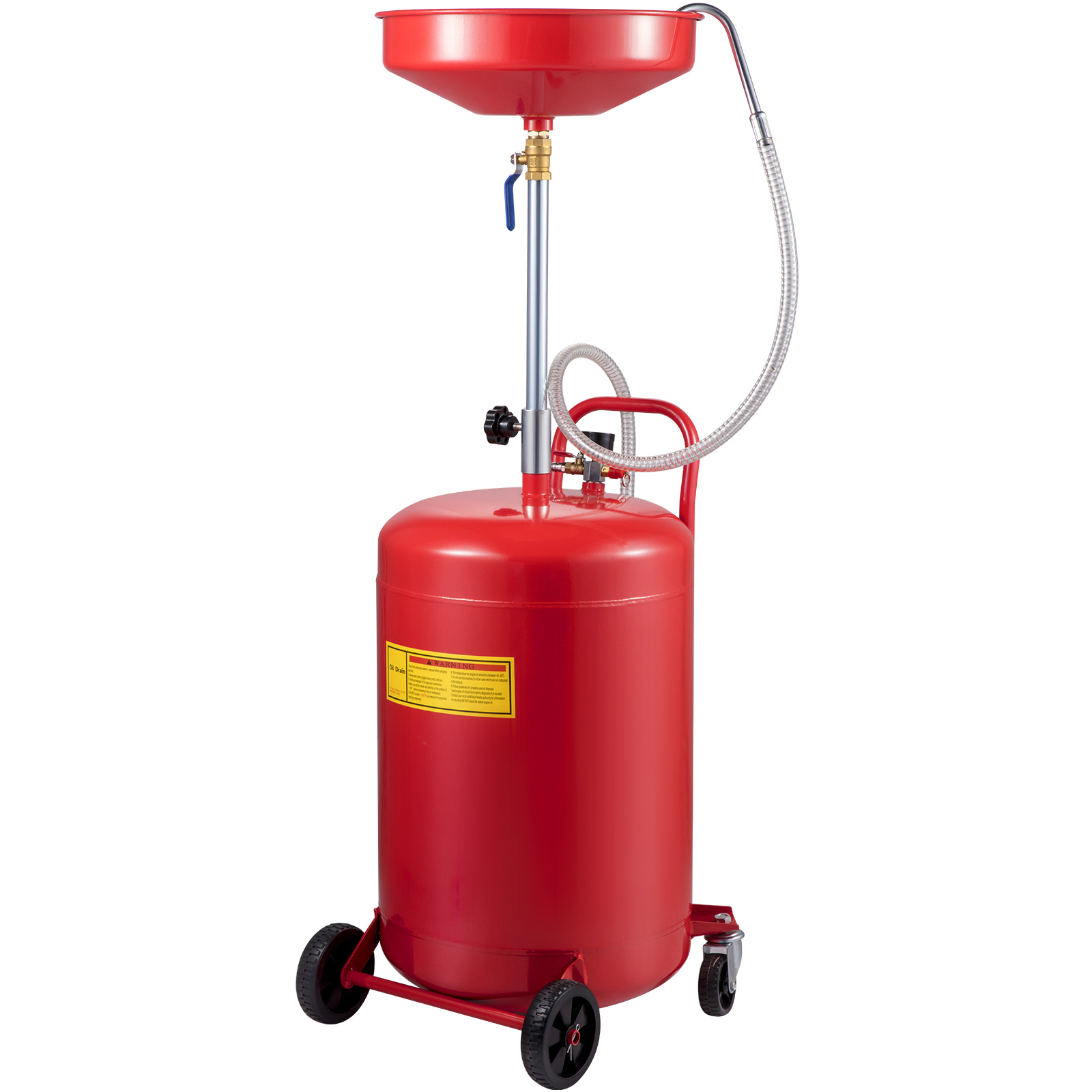 red VEVOR waste oil drain tank with wheels and adjustable funnel.