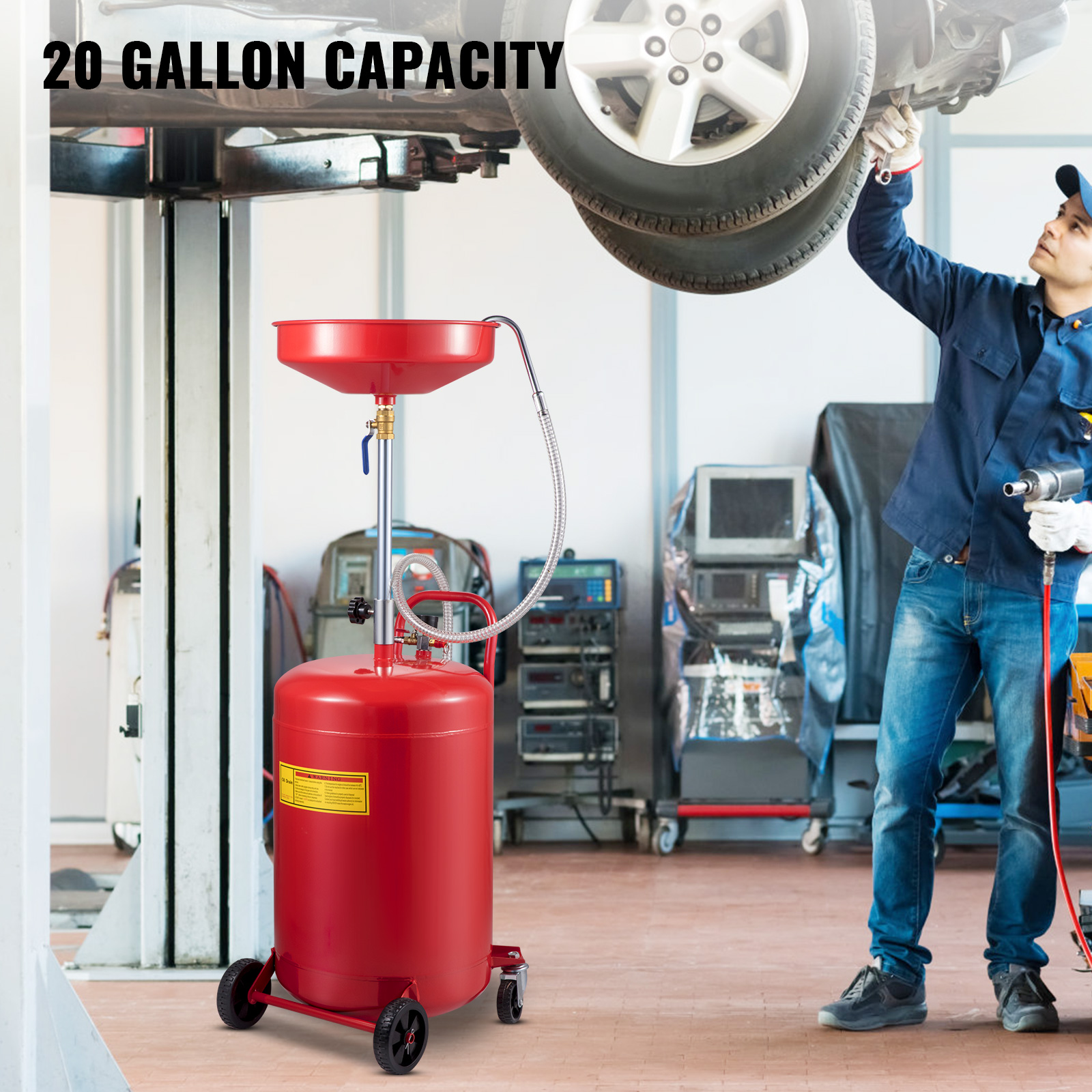 VEVOR waste oil drain tank in auto repair shop with 20-gallon capacity.