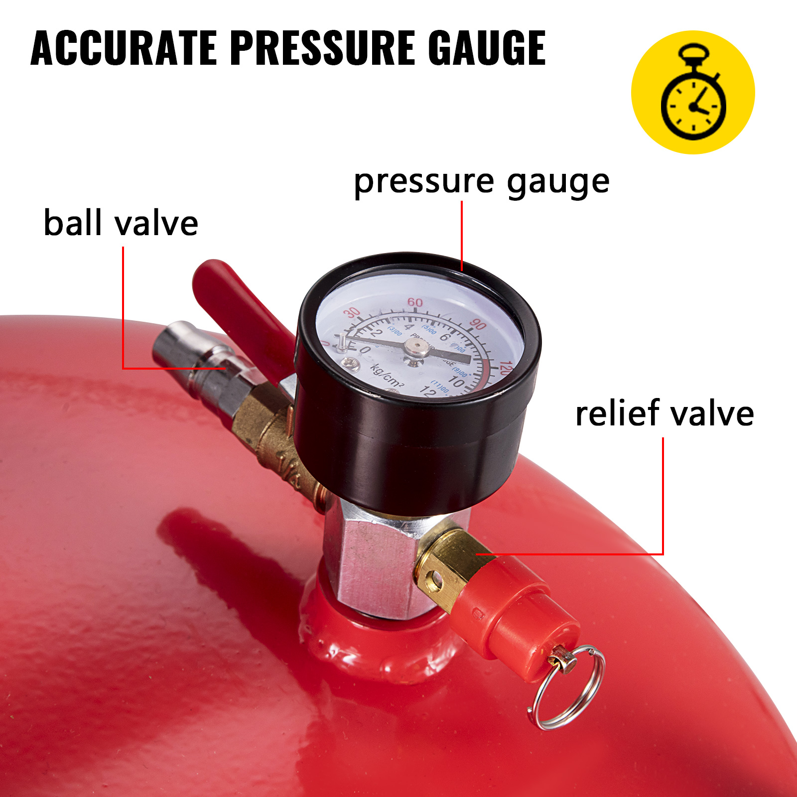 VEVOR waste oil drain tank with pressure gauge, ball valve, and relief valve.