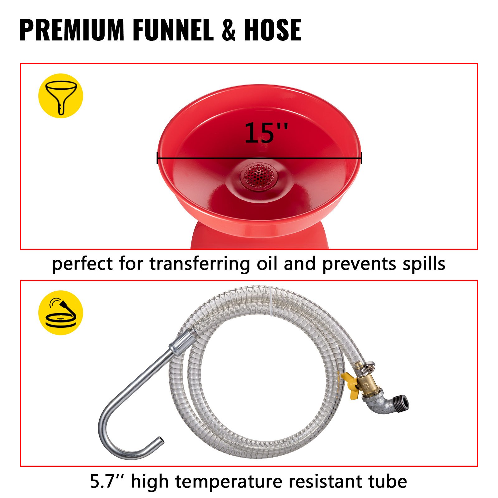 VEVOR waste oil drain tank: 15" funnel and 5.7" high-temp hose, prevents spills.